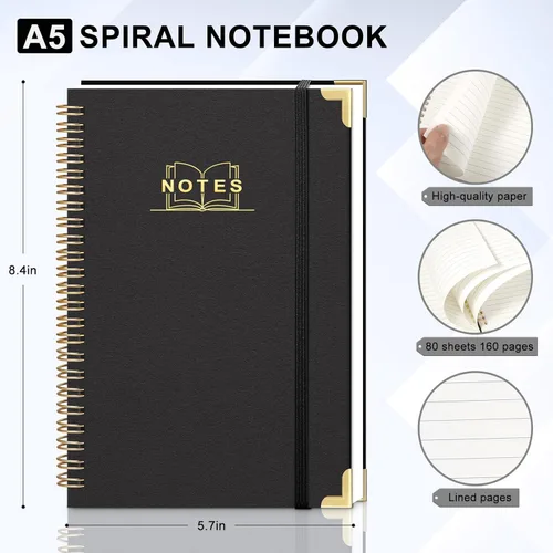 Miniatura 2 de Cuaderno de espiral rayado, cuaderno A5 de tapa dura en espiral para el trabajo, 5.7 x 8.2 pulgadas, cuadernos de papel grueso de 100GSM