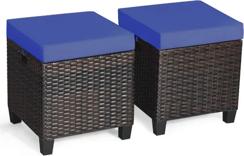 Miniatura 18 de Tangkula - 2 asientos otomanos de patio, mesa lateral de ratán PE tejido a mano de Patiojoy con cojín extraíble y espacio de almacenamiento oculto