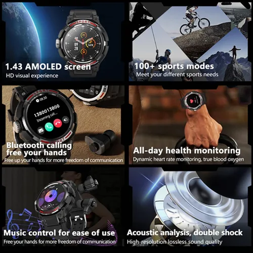 Miniatura 2 de Tuanzi GT100 2 en 1 Smartwatch con auriculares TWS 1.43 pulgadas 128MB Ronda impermeable Música MP3 Altavoz NFC Smart Watch Bluetooth Auriculares