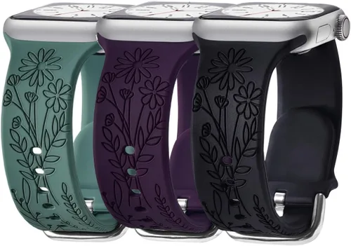 Miniatura 7 de Paquete de 3 bandas grabadas con flores silvestres compatibles con Apple Watch Band de 1.81 pulgadas, 1.57 pulgadas, 1.49 pulgadas, 1.61 pulgadas