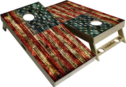 Serie American Flag – Tablas de cornhole prémium con portavasos y un asa, incluye 2 tablas de cornhole regulables de 4 x 2 pies con madera Bandera