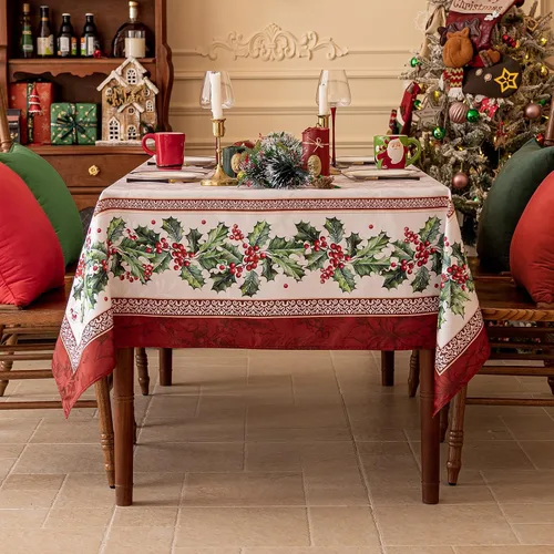 Miniatura 6 de Softalker Mantel Cuadrado de Jacquard Navideño, Mantel Impermeable Vintage de Invierno con Acebo, Cubierta de Mesa de Tela Estilo Granja Navideña