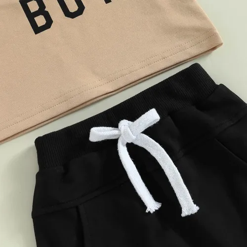Miniatura 25 de Conjunto de traje de verano para bebé niño pequeño, manga corta, cuello redondo, letras impresas, lindo traje de verano, conjunto de 2 piezas