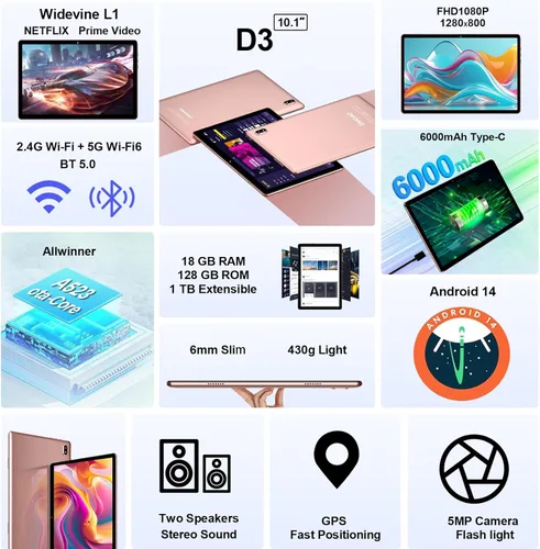 Miniatura 2 de DMOAO Tableta, tabletas de 10.1 pulgadas, tableta Android 14 con 18 GB de RAM+128 GB de ROM/1TB Expand, CPU Octa-Core 1.8GHz, batería de 6000 mAh