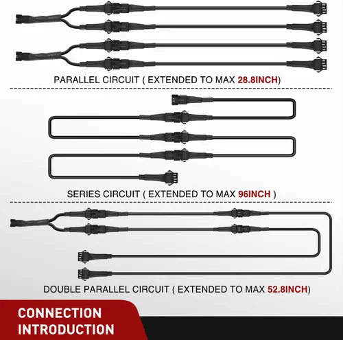 Miniatura 6 de Nilight - Cable de extensión para motocicleta, 4 tiras de luces led de 2 pies, 3 divisores en Y de 2 vías, extensión de 4 clavijas para tiras