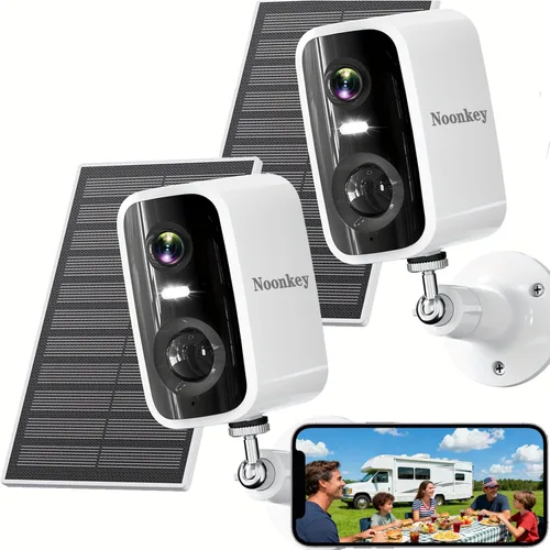 Noonkey Paquete de 2 cámaras de seguridad solares inalámbricas para exteriores, visión nocturna HD de 4 MP a todo color, cámara de seguridad WiFi de