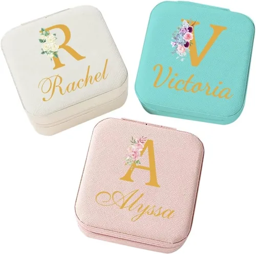 Miniatura 9 de Corissy Joyero personalizado para mujer, joyero de viaje personalizado con nombre y flor de nacimiento, joyero de cuero para anillos, aretes