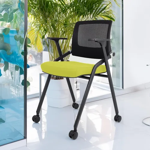 Miniatura 2 de Paquete de 2 sillas de oficina plegables con ruedas, respaldo de malla, brazos y portátiles, sillas de oficina plegables para silla de sala de Verde