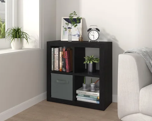 Miniatura 2 de furtble Estantería con contenedor de almacenamiento, organizador de almacenamiento de 4 cubos, estantería abierta de madera moderna, estante de Negro