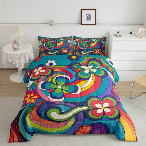Miniatura 24 de Juego de ropa de cama con estampado floral bohemio, tamaño individual, diseño retro de flores groovy, 60S y 70S, juego de edredón de flores hippie