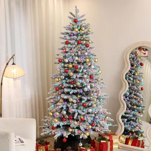 Miniatura 9 de HOMCOM - Árbol de Navidad artificial de pino de montaña preiluminado de 6.5 pies, árbol de Navidad con nieve, árbol de Navidad realista con bisagras