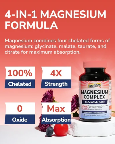 Miniatura 3 de Vitalibre Suplemento complejo de magnesio 4 en 1 de 1030 mg, absorción maximizada, malato, taurato y citrato, sin tamponar, apoyo óseo, corazón