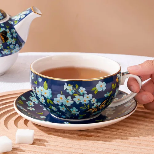 Miniatura 7 de Juego de té para uno, tetera y taza de porcelana, juego de té para una persona, tetera floral, juego de té de regalo para mujeres, mariposa azul