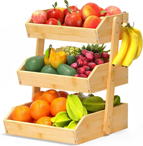 Miniatura 9 de Gmtsl Cesta de frutas de bambú para cocina, frutero de 2 niveles para encimera de cocina, soporte grande para frutas con 2 ganchos para plátanos