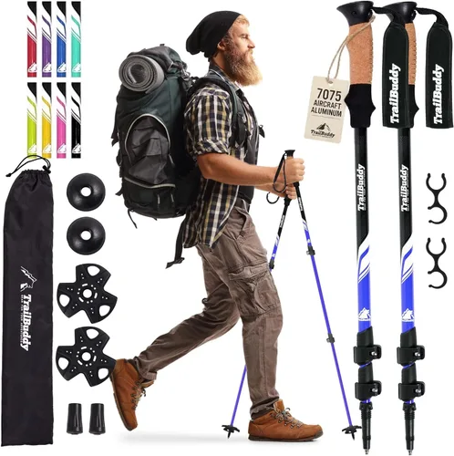 TrailBuddy Bastones de senderismo plegables para niños, paquete de 2 bastones de senderismo para senderismo, camping y mochilero, bastones de Azul