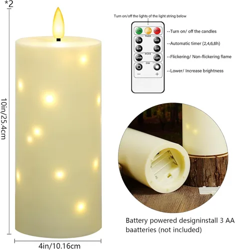 Miniatura 5 de kakoya Velas grandes sin llama parpadeantes impermeables para exteriores de 10" x 4" con temporizador, 2 velas LED de pilar que funcionan