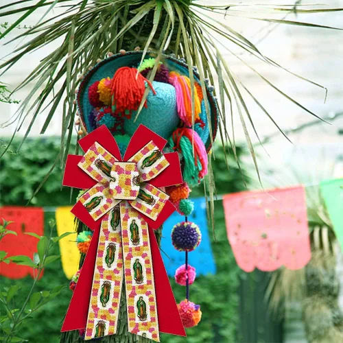 Miniatura 5 de Arcos mexicanos grandes para corona, lazos de Cinco de Mayo rojos y amarillos, lazos de dama de Guadalupe para puerta delantera, lazos de árbol