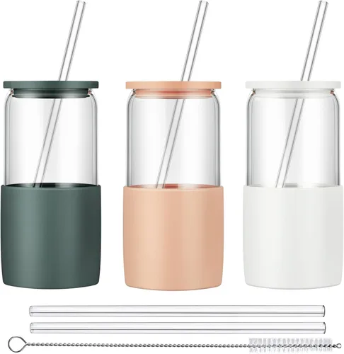 Miniatura 8 de Sunseeke Vaso de vidrio con popote y tapa, taza de café helado de 16oz, manga de silicona y cepillos de limpieza, vasos para agua, café helado