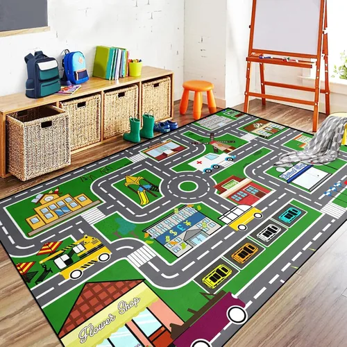 Miniatura 17 de Alfombra de juego para niños (2.6 x 5 pies), 2 unidades, alfombra de carretera para niños, alfombra de mapa de ruta de la ciudad, alfombra