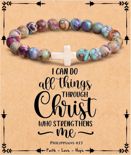 Miniatura 8 de JoycuFF Regalos Cristianos, Pulseras de Cruz para Mujeres, Joyería Cristiana Católica Religiosa de Fe de Pascua, Pulseras de Piedra Natural