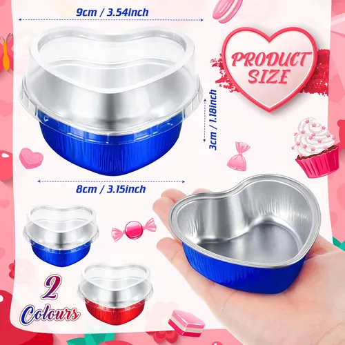 Miniatura 2 de Honeydak 100 juegos de moldes para hornear con forma de corazón, mini molde de aluminio de 3.4 onzas, lata desechable para cupcakes con tapas