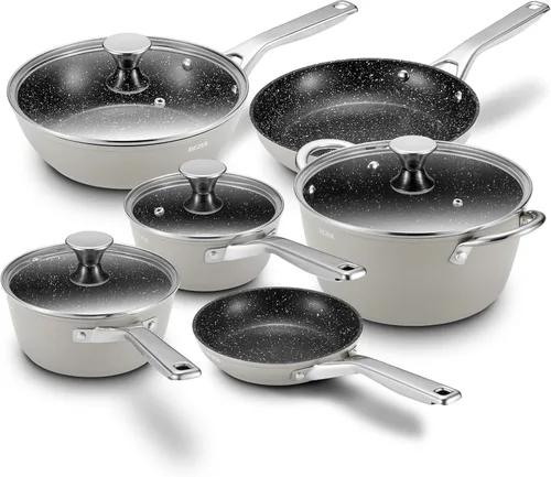Utensilios de cocina de inducción antiadherentes, juego de ollas y sartenes BEZIA para placa de inducción, compatible con todas las estufas, juego