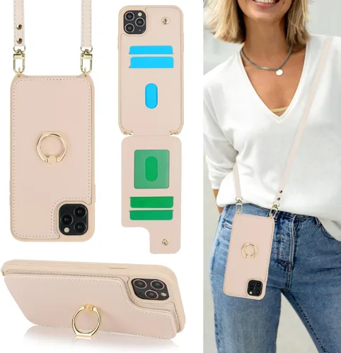 Miniatura 27 de Lipvina para iPhone 11 Pro Funda para teléfono con tarjetero y correa para mujeres, cordón cruzado, soporte de anillo con patas, cierre de presión