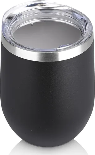 DOMICARE - Vaso de vino de 12 onzas con tapa, hecho de acero inoxidable con aislamiento al vacío de doble pared, paquete de 1 unidad, color negro