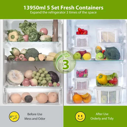 Miniatura 3 de LUXEAR 5 paquetes de contenedores de almacenamiento de frutas y verduras con tapa y colador, color blanco y verde