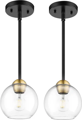 Miniatura 10 de Emak Modernas lámparas colgantes doradas, luces colgantes de globo de 7 pulgadas con vidrio transparente, 1 luz colgante para isla de cocina, baño