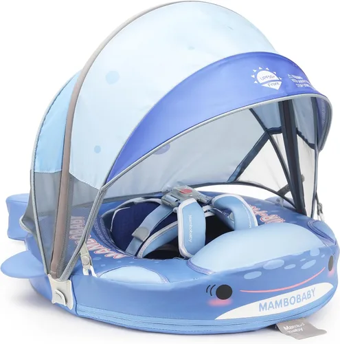 Mambobaby Baby Float with Canopy & Tail Non-Inflatable Baby Swim Float Upgrade Soft Infant Pool Float Sun Protection Newborn Pool Float 3-24 Months