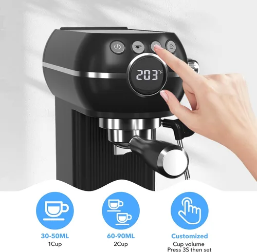 Miniatura 2 de HBN Máquina Compacta de Espresso de 20 Bar con Espumador de Leche, Tanque de Agua Extraíble de 27oz para Espacios Pequeños, Cafetera Casera