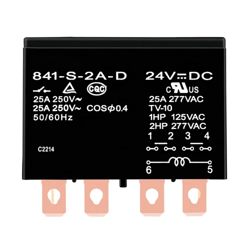 841-S-2A-D 24VDC Relé de propósito general 25A 277VAC con cubierta de polvo Terminal rápido DPDM 6 Pin