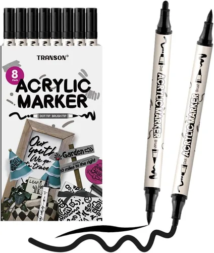 Miniatura 10 de TRANSON Juego de rotuladores de pintura acrílica de doble punta de 12 colores para lienzo de madera, madera, cuero, cerámica, pintura de bricolaje