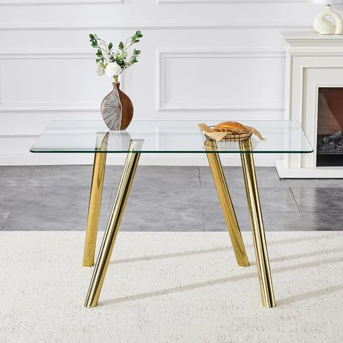 Miniatura 3 de Mesa de comedor de cristal de 51 pulgadas, mesa de comedor para 4-6, mesa de cocina dorada con patas de metal superior de vidrio templado