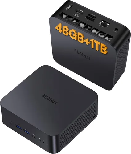 Reatan X7 Mini PC para juegos, AMD Ryzen 7 255 (8C/16T, hasta 4,9 GHz) Radeon 780M 48GB RAM DDR5 + 1TB SSD Hasta 8K Pantalla Cuádruple Computadoras