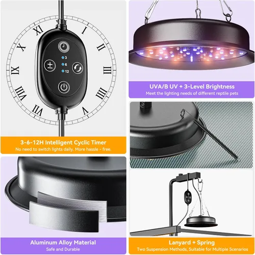 Miniatura 3 de Luz UVB para reptiles, lámpara de reptiles TFNN con temporizador de 3-6-12 ciclos y 3 brillos, lámpara UVA UVB de espectro completo para tortugas