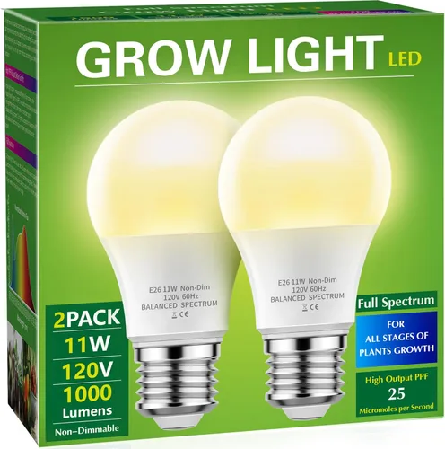 Bombillas de cultivo Briignite LED A19, bombilla de crecimiento de espectro completo, base E26, bombilla de cultivo de 11 W, equivalente a 100 W,