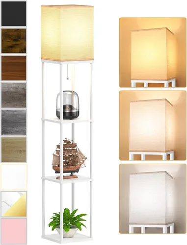 Lámpara de pie con estantes para sala de estar blanca, lámpara de pie con estante con bombilla LED de 3 CCT, lámpara de columna de pie de esquina