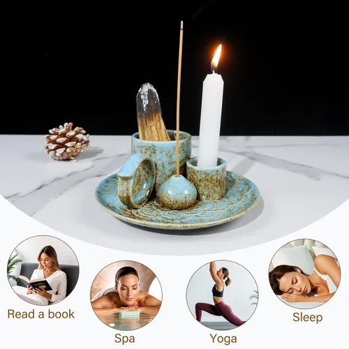Miniatura 3 de MOUGIGI Quemador/Soporte de Palo Santo de Cerámica 5 en 1 Azul - Pequeño Portavelas y Bandeja/Cuenco para Quemar Sahumerios, Compatible con Plato