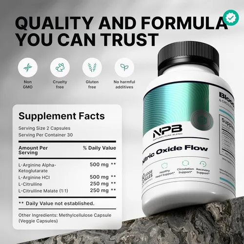 Miniatura 3 de Nature's Pure Blend Suplementos de óxido nítrico para hombres – L-arginina L-citrulina – Apoyo al corazón y flujo de circulación – 1500MG L arginina