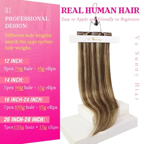 Miniatura 5 de Ve Sunny Extensiones de cabello clip-in de cabello humano real con reflejos, extensiones de cabello con clip para cabello corto, marrón oscuro