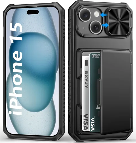 Miniatura 91 de BXYJY Funda tipo cartera para iPhone 15 Pro con tarjetero (4-5 tarjetas) y cubierta deslizante para cámara y soporte, protección contra caídas