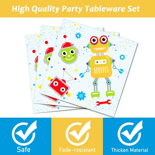 Miniatura 3 de Wiooffen 96 piezas de suministros para fiesta de cumpleaños de robots, platos de papel, servilletas, vajilla desechable, juego de postres