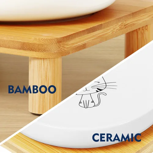 Miniatura 6 de DoogCat Cuencos elevados para gatos de interior – Mesa elevada de bambú para gatos con 2 platos de cerámica, altura ajustable