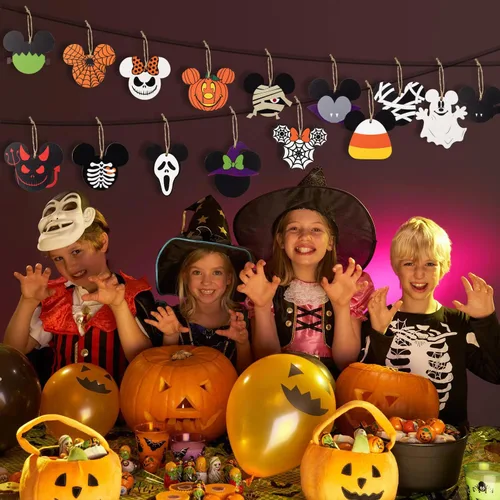 Miniatura 5 de 46 piezas adornos colgantes de madera de ratón de Halloween, rebanadas de madera de ratón con cuerdas para fiesta de Halloween, adorno colgante