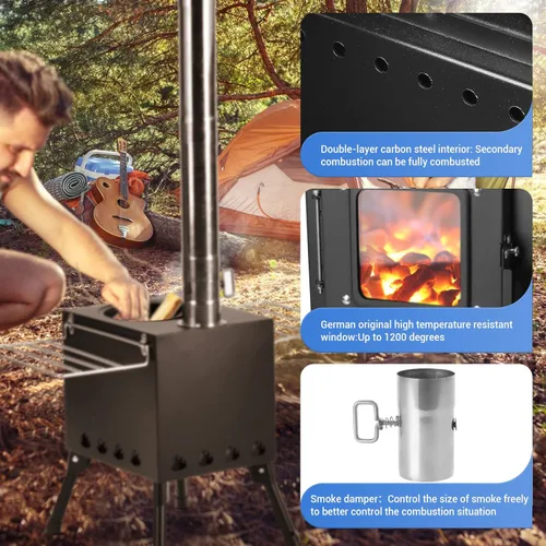 Miniatura 2 de Estufa de leña, estufa de madera con tubos de chimenea, pequeña estufa de madera para acampar con protección contra chispas y tubo ajustable