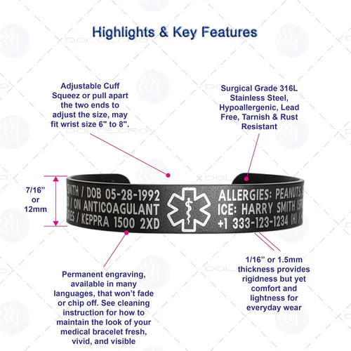 Miniatura 6 de Pulsera de identificación de alerta médica, acero inoxidable 316L, personaliza y personaliza, selecciona un tamaño de muñeca, de 6 a 9 pulgadas