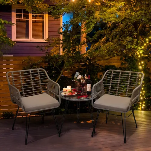 Miniatura 9 de KROFEM - Juego de 3 piezas de muebles de mimbre para patio estilo bistró, incluye 2 sillas de ratán y mesa con tapa de vidrio, ideal para porche