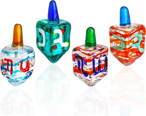 HDCRYSTALGIFTS Set de 4 Figurinas de Dreidel de Janucá Tradicional de Vidrio Soplado Ornamento de 1.5 Pulgadas Vidrio Artístico Dreidel Clásico Peso